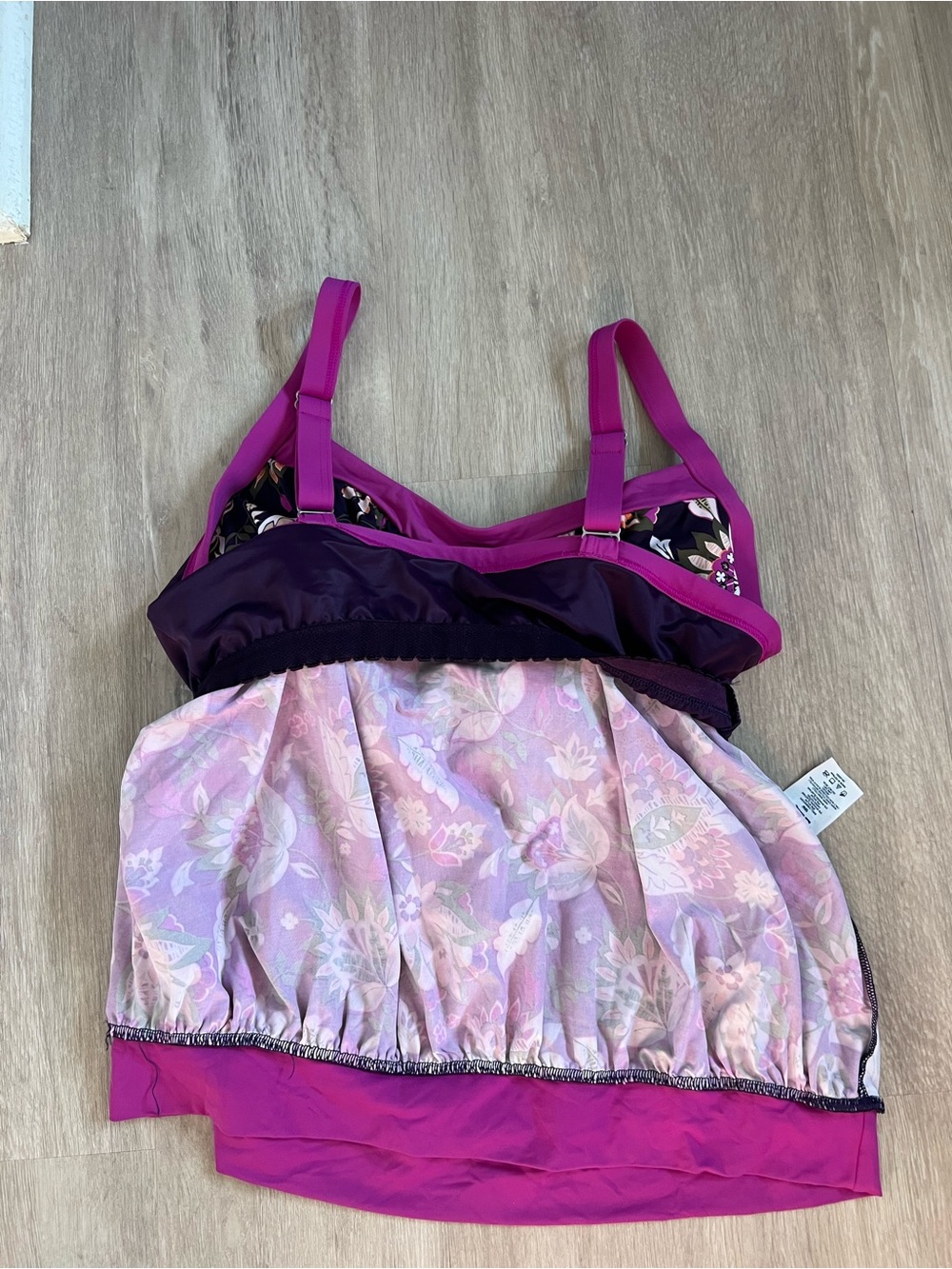 LANDS END Floral Black Tan Pink Swim Tankini Magenta Trim Built In Bra 18W - Picture 7 of 8
